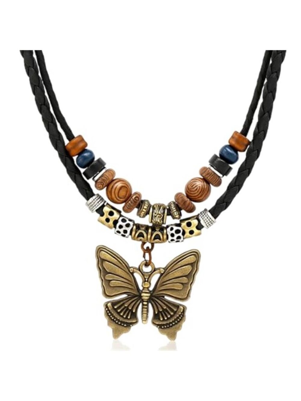 Boho Necklace for Women,Vintage Butterfly Pendant Necklaces,Adjustable Wooden